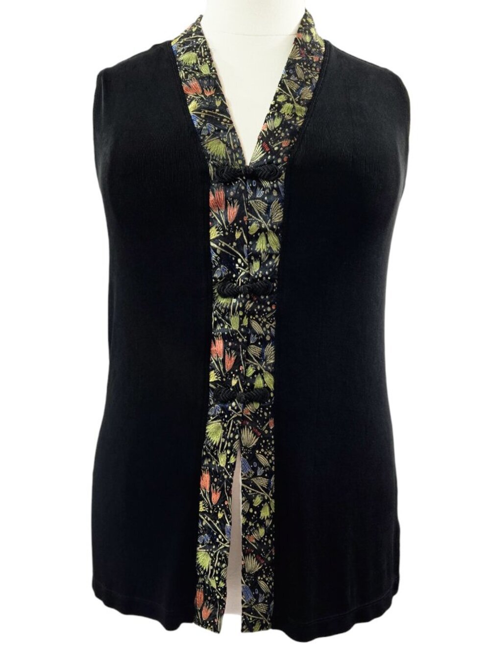 Chico's Travelers Black Slinky Knit Brocade Trim Frog Button Lightweight Vest